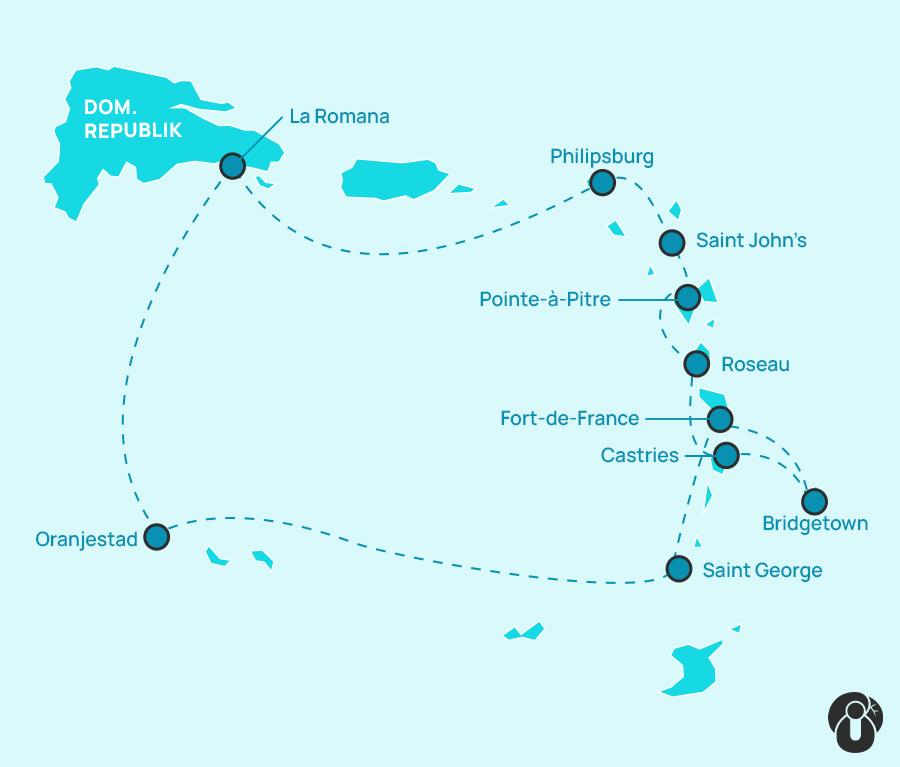Map of a cruise route through the Caribbean